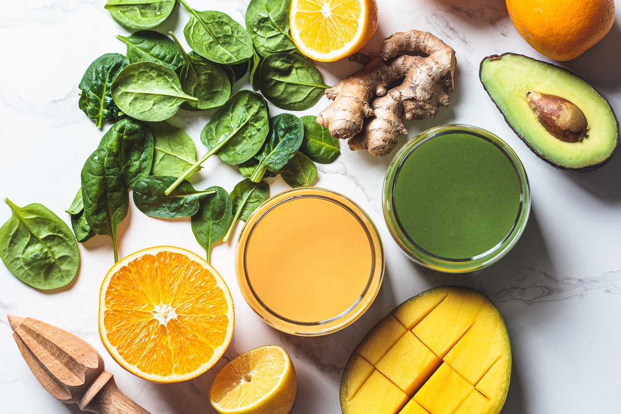 Orange Ginger Smoothie and Green Spinach Smoothie. Detox Drinks